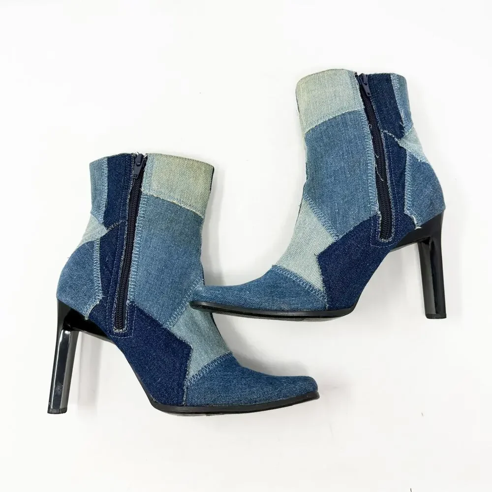 Vintage Y2K Mootsies Tootsies Blue Denim Patchwork High Heel Booties Size 7 VGUC